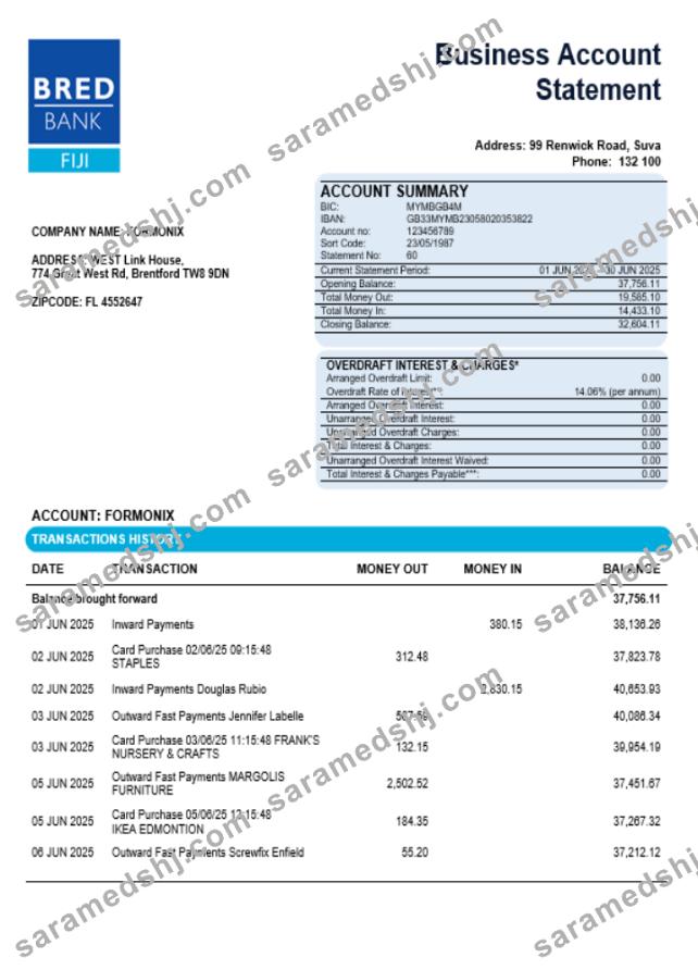 Bred bank firm account statement Word  and PDF format